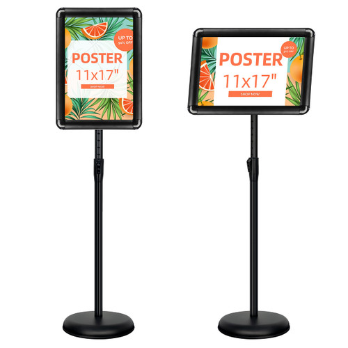 VAIIGO 11x17 Inch Adjustable Pedestal Poster Sign Stand, Heavy Duty Floor Standing Sign Holder Stand Aluminum Snap Open Frame for Vertical and Horizontal View Sign Displayed (Black, Round)