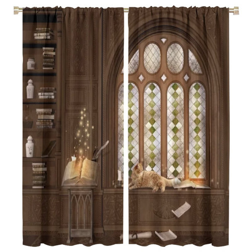 NC Gothic Medieval Library Curtain, Place for Study Cat Sleeping Antique Mansion Room Darkening Door Window Curtain for Bedroom Kitchen Living Room 42x54in