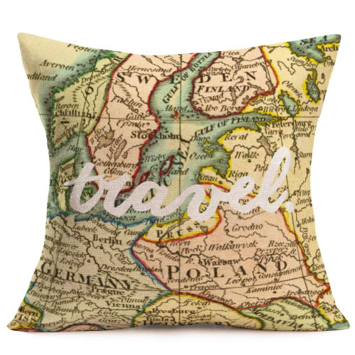 Asminifor Throw Pillow Covers Cotton Linen Vintage Europe Map with Travel Lettering Decorative Pillowcase for Home Sofa Bedding Couch Pillow Covers 18 x 18 Inches (Travel)