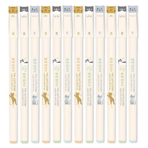 ZAONE Kawaii Pens Set, 0.38mm Cute Cat Gel Pens Black, Kawaii School Supplies Pack of 12 (Cat 4)