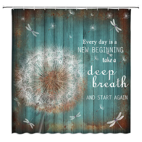 Dandelions Dragonfly Shower Curtain Rustic Teal Wooden Inspirational Quotes Flying Seeds Country Cabin Farmhouse Vintage Plank Fabric Bath Curtains Bathroom Polyester with Plastic Hooks 70x70Inch