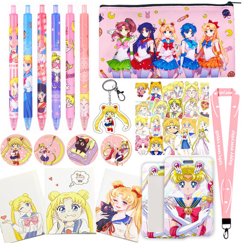 Bestpty Cartoon School Supplies Kawaii Gifts Set, Including Cute Pencil Case, Pens, Card Holder with Lanyard, Notebook, Sticker, Button Pins, Keychain, Gifts for Girls Kids Teens