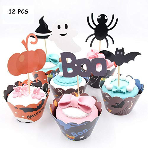 Halloween Cake Decorations, 12Pcs Black Bat Cake Toppers and Cupcake Wrappers, Mini Pumpkin Spider Ghost Hat Bats for Halloween Party Supplies Halloween Party Decorations Halloween Food