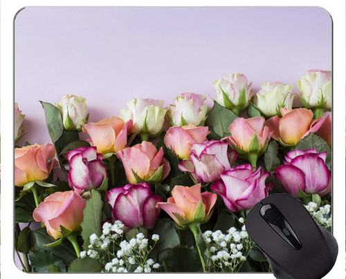 Natural Rubber Mouse Pad Printed with Pink Flower White Flower Rose Flower -Stitched Edges