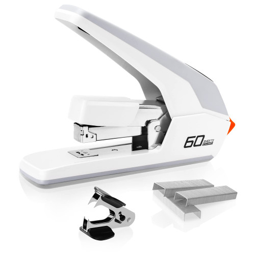 Deli Effortless Desktop Stapler, Heavy Duty Stapler, 60-70 Sheet Capacity, One Finger, No Effort, Includes Staples & Staple Remover, White