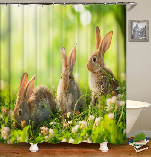 TJZ HOME Cute Rabbit Fabric Shower Curtains,Three Cute Rabbits in The Grass Decoration Design Polyester Cloth Print Bathroom Curtains Include Hooks Set 72?w by 72?L
