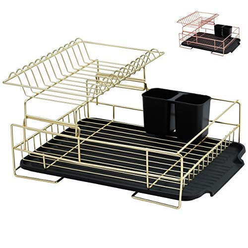 Gold Dish Drying Rack, 2 Tier Dish Drying Rack - Large Dish Rack and Drainboard Set, Dish Drainers for Kitchen Counter- Gold Dish Rack with Easy Sink Drain Edge