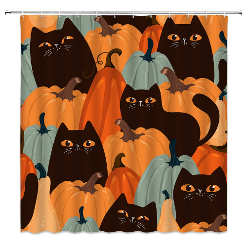 Autumn Fall Pumpkin Shower Curtain Black Cat Harvest Thanksgiving Day Halloween Pumpkin Leaves Rustic Farmhouse Creative Holiday Fabric Bathroom Decor Curtain with Hooks
