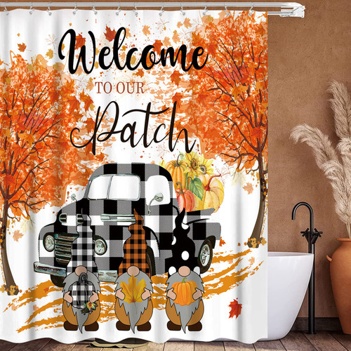 Fall Shower Curtain for Bathroom, Autumn Pumpkins Waterproof Bath Curtains, Gnomes Buffalo Plaid Truck Maple Leaves Farmhouse Decor Fabric Thanksgiving Harvest Shower Curtains with Hooks, 72"x72"