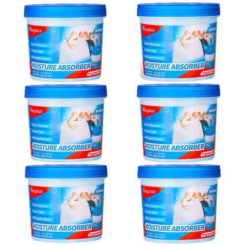Vacplus Moisture Absorbers Dehumidifier Bucket -Unscented Dehumidifiers for Closet, Highly Absorbent Dehumidifier Bucket for basements, bathrooms, boats, RVs, 10.5 OZ Replaceable Moisture Absorbers, 6 PACK