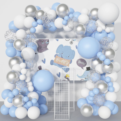 Monlot Baby Shower Decorations for Boy 140 Pcs Blue Balloon Garland Baby Blue Balloon Arch Kit White Metallic Silver Confetti Balloons for Wedding Bridal Shower Birthday Party Decorations