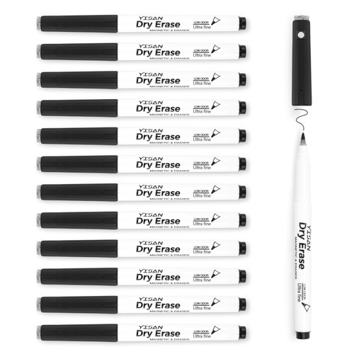 YISAN Magnetic Dry Erase Markers Ultra Fine Tip,0.7mm, Extra Fine Point, Whiteboard Markers with Erasers, Low Odor, for School Office Home,Black,70542