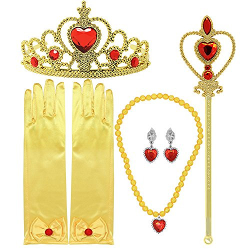 Tacobear Princess Dress Up Accessories Gift Set for Belle Crown Scepter Necklace Earrings Gloves, Yellow, 5 Pieces