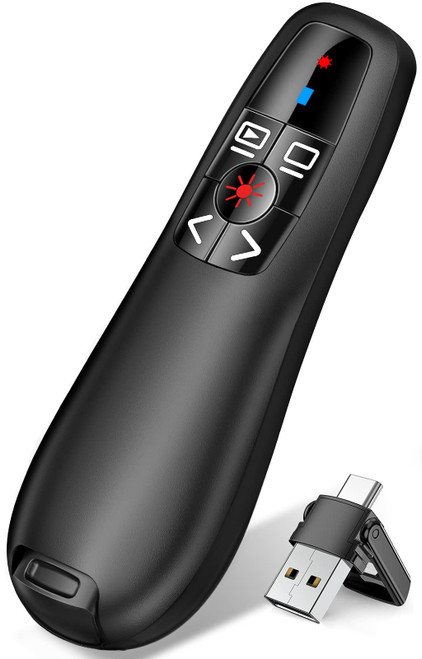 AXYBCOOL Dual Connector USB A and USB C Wireless Presenter Remote Clicker for Powerpoint Presentations, 100FT Volume Control Laptop Computer Slide Advancer with Red Pointer for Office Classroom