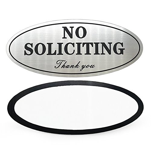 No Soliciting Sign, Laser Engraved Plastic Adhesive Sign- 2.8" x 7", Brushed Silver with Black Letters Sign Perfect For Indoor and Outdoor Use-2 Pack