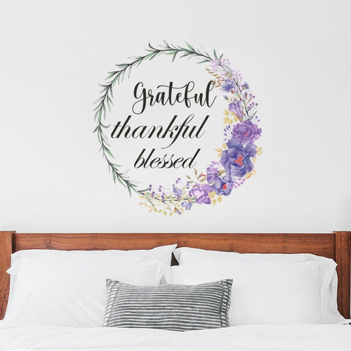 Walls Decals Flower Wreath Decals for Walls Peel and Stick Grateful Thankful Blessed Wall Sticker Removable Motivational Art Letters 22 Inch