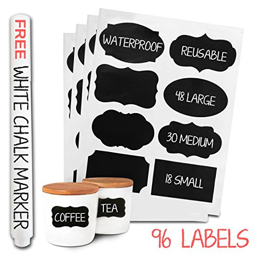 96 Premium Chalkboard Labels Bulk - Free Erasable Chalk Pen - Dishwasher Safe Chalk Board Mason Jar Labels - Removable Waterproof Blackboard Sticker Label for Jars Glass Bottle Kids