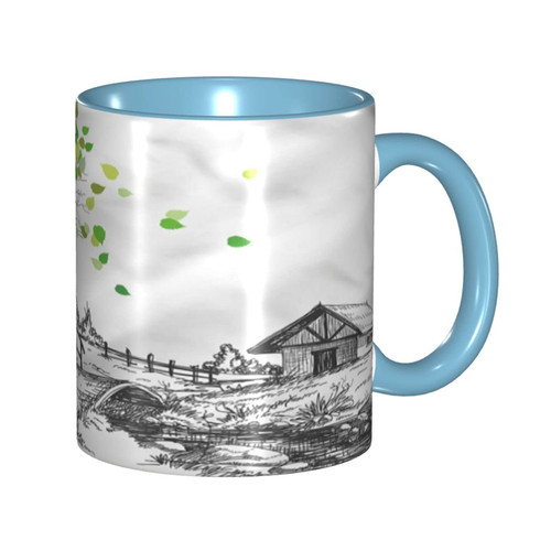 LIGUTARS Coffee Mug, Tree Personalized Mug, Rural Scenery Hand Drawn Leafy, 11oz, For Warm Drinks and Everyday, Multicolor