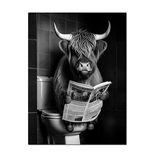 Black and White Animal Farmhouse Wall Art Highland Cow Reading Newspaper on Toilet Bowl Canvas Print Fun Art Poster for Wall Bathroom Canvas Painting Artwork (Unframed,16x24inch)