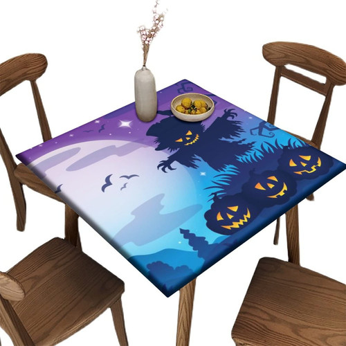 Halloween Square Fitted Polyester Tablecloths, Halloween Scarecrow Pumpkin Elastic Edge Decorative Table Cover, Stain Resistant Washable Tablecloth For Family Festival Party Use, Fits 24" x 24" Table