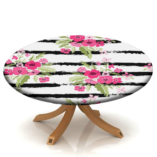 Flowers Round Fitted Elastic Edge Tablecloths, Black & White Striped Flowers Polyester Decorative Table Cloth,Stain & Wrinkle Resistant Table Cover for Family Festival Party, Fit for 32" Table