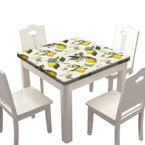 Vintage Fitted Table Cloth Square, Gold Yellow Lemon Elastic Edged Home Decor Tablecloth, Dust & Oil Resistant Washable Polyester Table Cover for Family Holiday BBQ Party Use, Fits 24 x 24 inch Table