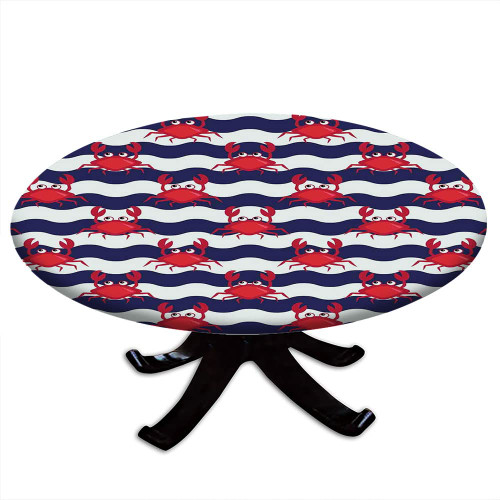 VBTGVE Crabs Round Table Cloth, Nautical Maritime Theme Crabs on Striped Background Illustration Print, Table Decoration Cloth, Buffet Party and Camping, Fit for 40" Table, Red Blue