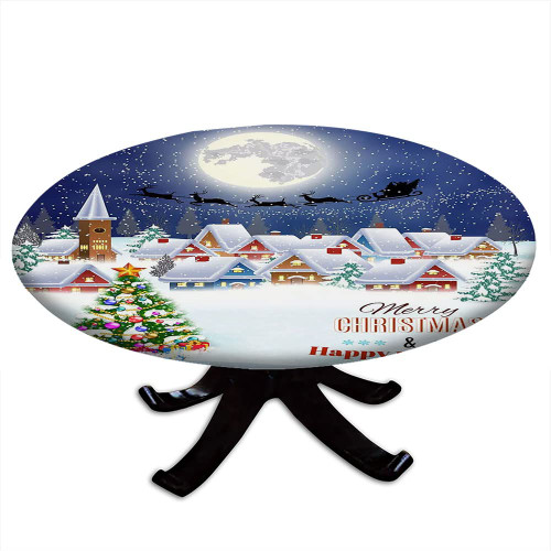 Christmas Round Fitted Tablecloth, Christmas Style Print, Elastic Edge, Waterproof and wipeable, Suitable for Banquet/Restaurant/Party, Fit for 28" Table