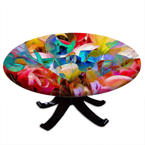 Abstract Round Fitted Tablecloth, Color Flower Image, Elastic Edge, Waterproof and wipeable, Suitable for Restaurant Kitchen Parties, Fit for 40" Table