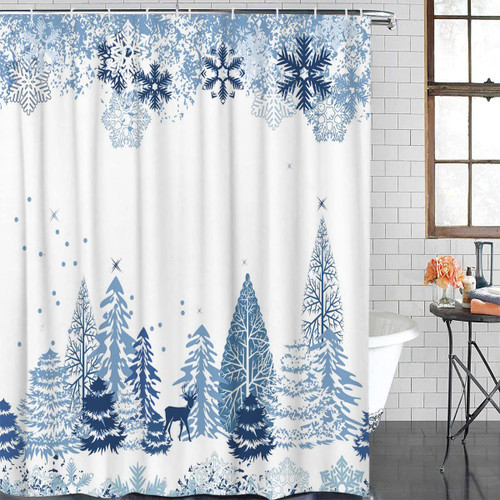 Christmas Shower Curtain 72 inches Long Winter Blue Snowflake Shower Curtains for Bathroom Polyester Fabric Shower Curtain with 12 Hooks,Waterproof Bath Curtain for Shower/Bathtub Decor 72x72in