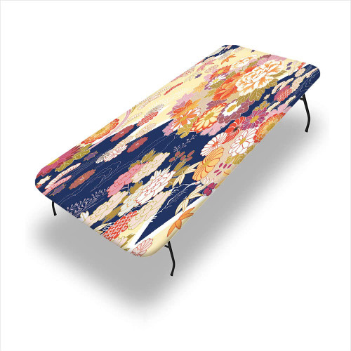 DWADW Japanese Outdoor Fitted Tablecloth, Traditional Kimono Motifs Composition Floral Patterns Vintage Artwork, 24"x 48" Table Cover for 4ft Folding Table, Cream Indigo