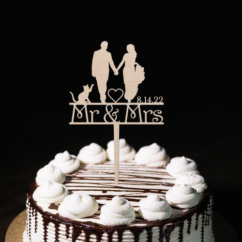Mr & Mrs Silhouette Cake Topper with Cat Mr & Mrs Cake Topper Silhouette Funny Personalized Wedding Date For Engagement Bride to Be Party Decorations Engagement Gifts For Couple Natural Wood