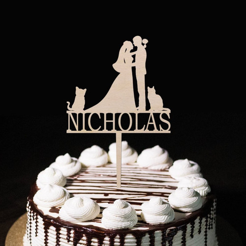 Personalized Wedding Mr & Mrs Cake Topper Natural Wood Silhouette with Dog Cat Bride And Groom Funny Cake Topper For Wedding Engagement Cake Decorations Anniversary Wedding Gifts
