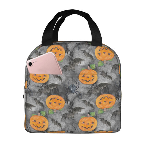 Lunch Bag Halloween Grey Bat Spider Pumpkin Print Reusable Insulated Lunch Box Cute Lunch Tote Bags