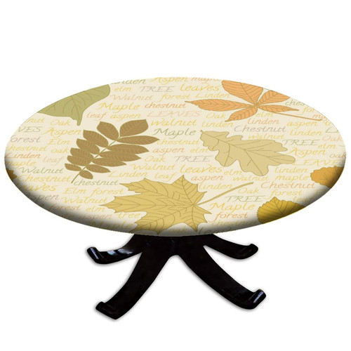 Fall Fitted Polyester Tablecloth Round, Vintage Text Leaves Elastic Edge Home Decor Tablecloths, Oil & Dust Proof Washable Table Cover, For Living Room Kitchen Tablecloths, Fit for 28" Round Table
