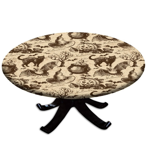 Atury Halloween Round Fitted Tablecloths, Vintage Dark Halloween Elastic Edge Polyester Decorate Tablecloths, Erasable Washable Table Cover for Family Festival Party, Fit for 28" Round Table