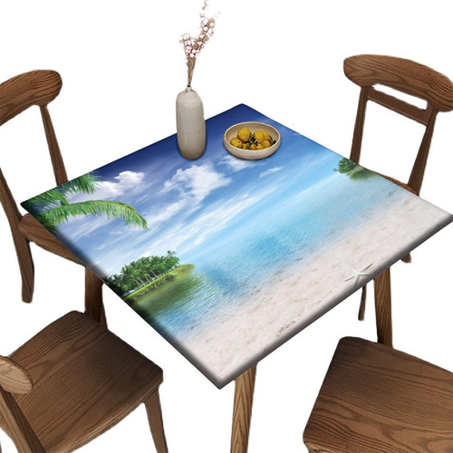 Elastic Edge Fitted Polyester Tablecloth Square, Serene Beach Home Decor Table Cover, Stain & Wrinkle Resistant Tablecloth, For Family Courtyard Outdoor Party Table Clothes, Fit for 24" x 24" Table