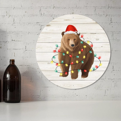Tin Poster Metal Sign Lanterns and Animals Bear for Christmas Round Attachment Wall Decor Retro Garage Yard Home Decor 9x9 Inch Animals Lover Metal Plaque Sign