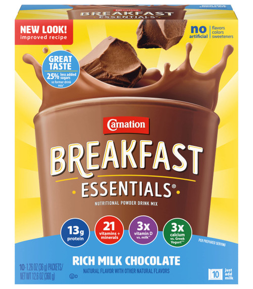 Carnation Breakfast Essentials Nutritional Powder Drink Mix Packets, Rich Milk Chocolate, with Protein, Vitamins & Minerals, 10 Drink Mix Packets/Box (Pack of 1)
