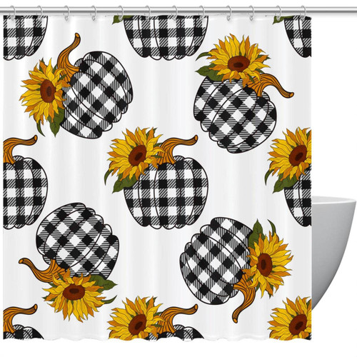 Shower Curtain for Bathroom, Plaid Pumpkin with Sunflowers Waterproof Fabric Bath Curtain Set with 12 Hooks, Standard Size 66 by 72