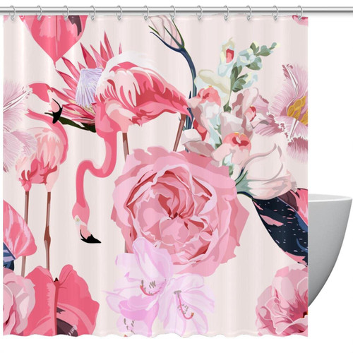 Shower Curtain for Bathroom, Pink Flamingo Flower Jungle Waterproof Fabric Bath Curtain Set with 12 Hooks, Standard Size 66 by 72