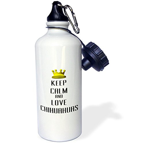 3dRose wb_120989_1"Gold Crown Keep Calm And Love Chihuahuas" Sports Water Bottle, 21 oz, White