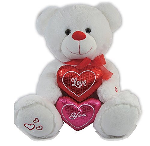 Calplush Romance 14" White Bear 2 Hearts Plush Animal Toy