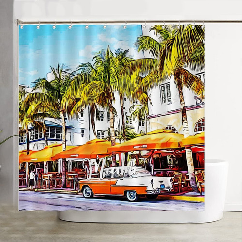 COVOME Miami Neutral Shower Curtain Miami City Scene Shower Curtains 12 Hooks Included Waterproof with Reinforced Buttonholes Modern Home Bathroom Decorations 72" Wx72 L