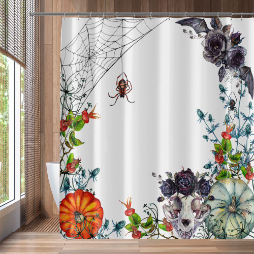 QZJDX Halloween Shower Curtain for Bathroom Watercolor Pumpkins Cat Skull Spider Net Decor Polyester Fabric Bath Curtains 70"x70"