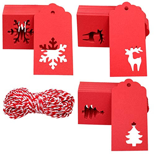 Christmas Tags,150PCS Paper Tags,Christmas Tree Snowflake Reindeer Design Hang Tags for Xmas Gift Favor,DIY Arts and Crafts Supply with 100 Feet Cotton Strings (Red)