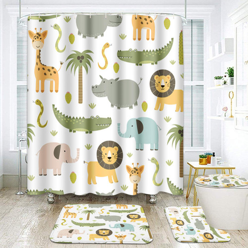 ArtSocket 4 Pcs Shower Curtain Set Cute Hippo Crocodile Lion Elephant Giraffe Childish Colorful with Non-Slip Rugs Toilet Lid Cover and Bath Mat Bathroom Decor Set 72" x 72"