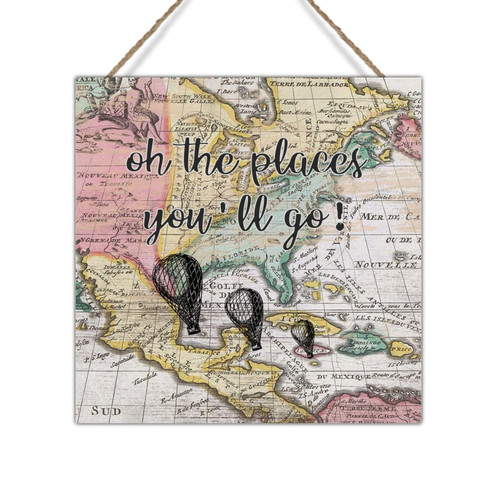 Swavecat Chic Rustic Sign Oh The Places You'll Go Hot Air Balloon Wood Sign Plaques Travel Theme Asia Vintage Map Sign Wall Decor for Laundry Room Bedroom 8x8in Travel Lover Gift Birthday Gift