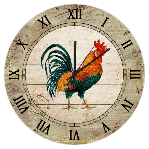 Rustic Farmhouse Wooden Clock 10in Non Ticking Analog Quartz Battery Operated Marine Style Wall Clock Vintage Rooster Wood Wall Clock Roman Numerals Wooden Clock Decor for Entryway Half Bath Office