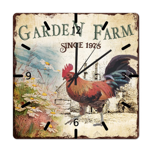 Evans1nism Garden Farm Since 1975 Hanging Clock Country Chicken Wood Wall Clock 10in Quartz Analog Battery Operated Wood Wall Clock Chic Daisy Painting Large Wall Clock for Half Bath Restaurant Cafe